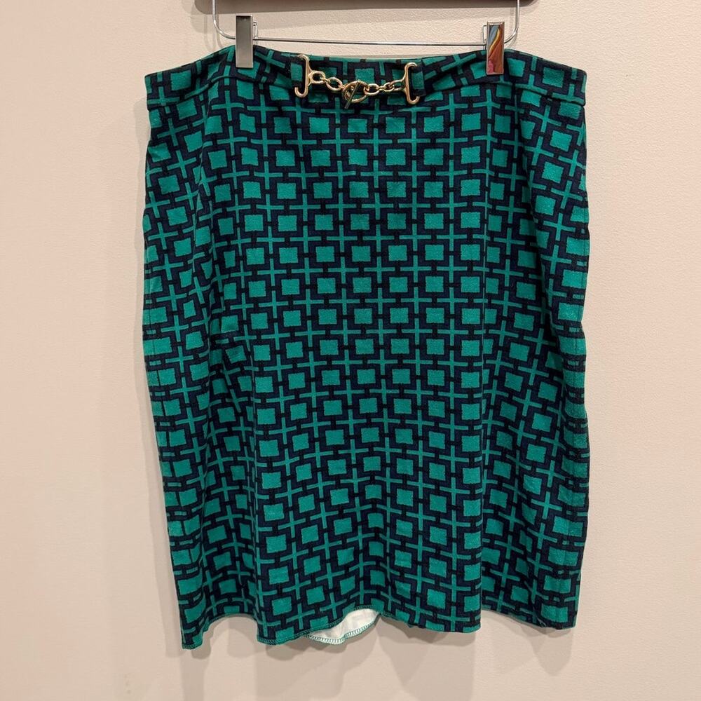 Talbots Green Navy Geometric Knit Pencil Skirt Gold Horsebit Detail Sz 12 Flaw
